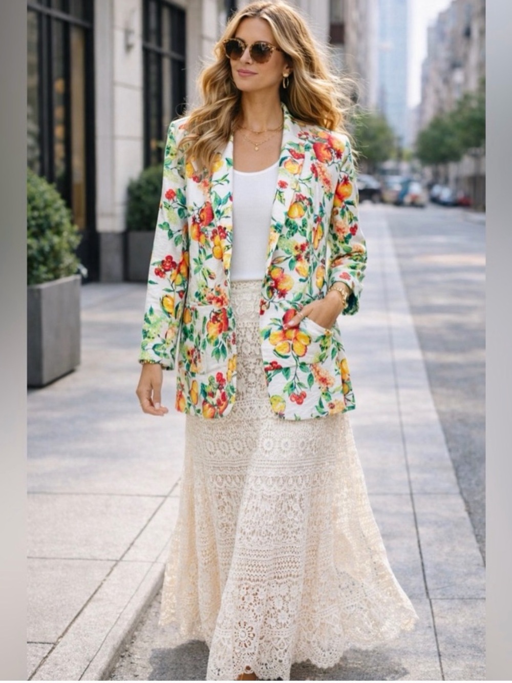 LC Lauren Conrad White Floral Print Blazer with Multicolor Blooms
